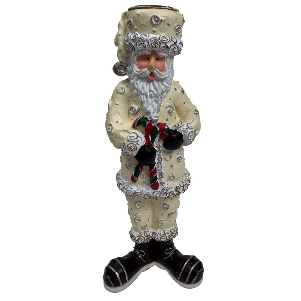 VTG Old World Santa Christmas Resin Taper Candle Holder Cream Silver 6.75" Retro